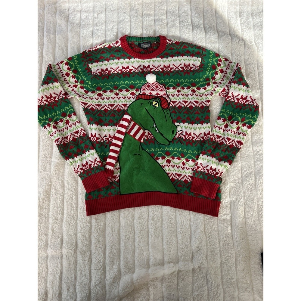 33‎ Degrees Ugly Christmas Sweater Dinosaur T Rex Scarf Hat Size Medium